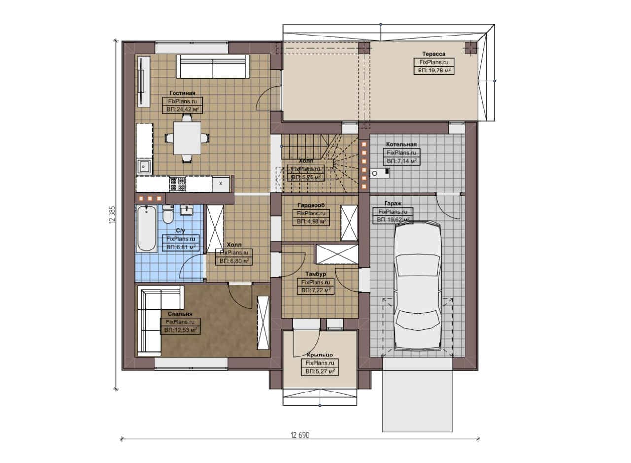 Планировка Одноэтажный дом с мансардой  F-5372
